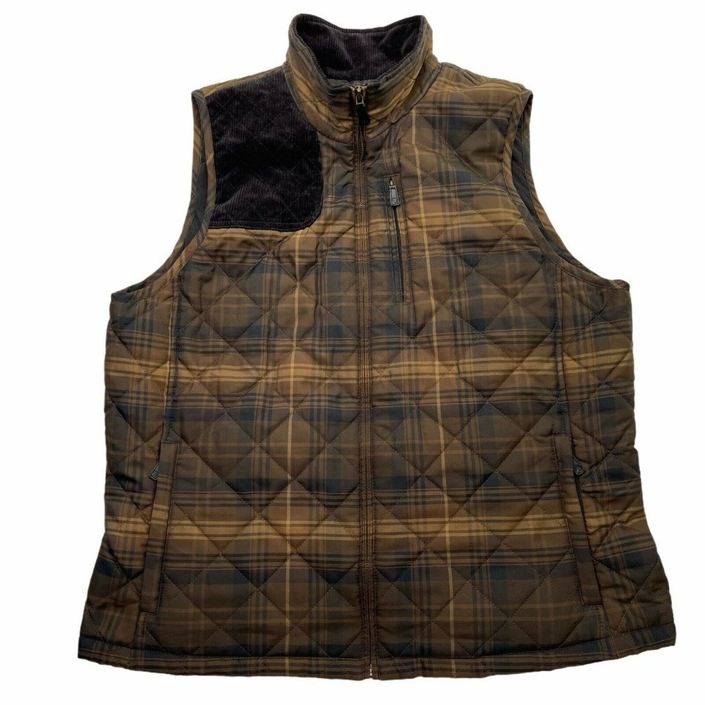 Lauren Ralph Lauren Shooting Vest Womens 1X Brown Plaid Corduroy Trim Quilted